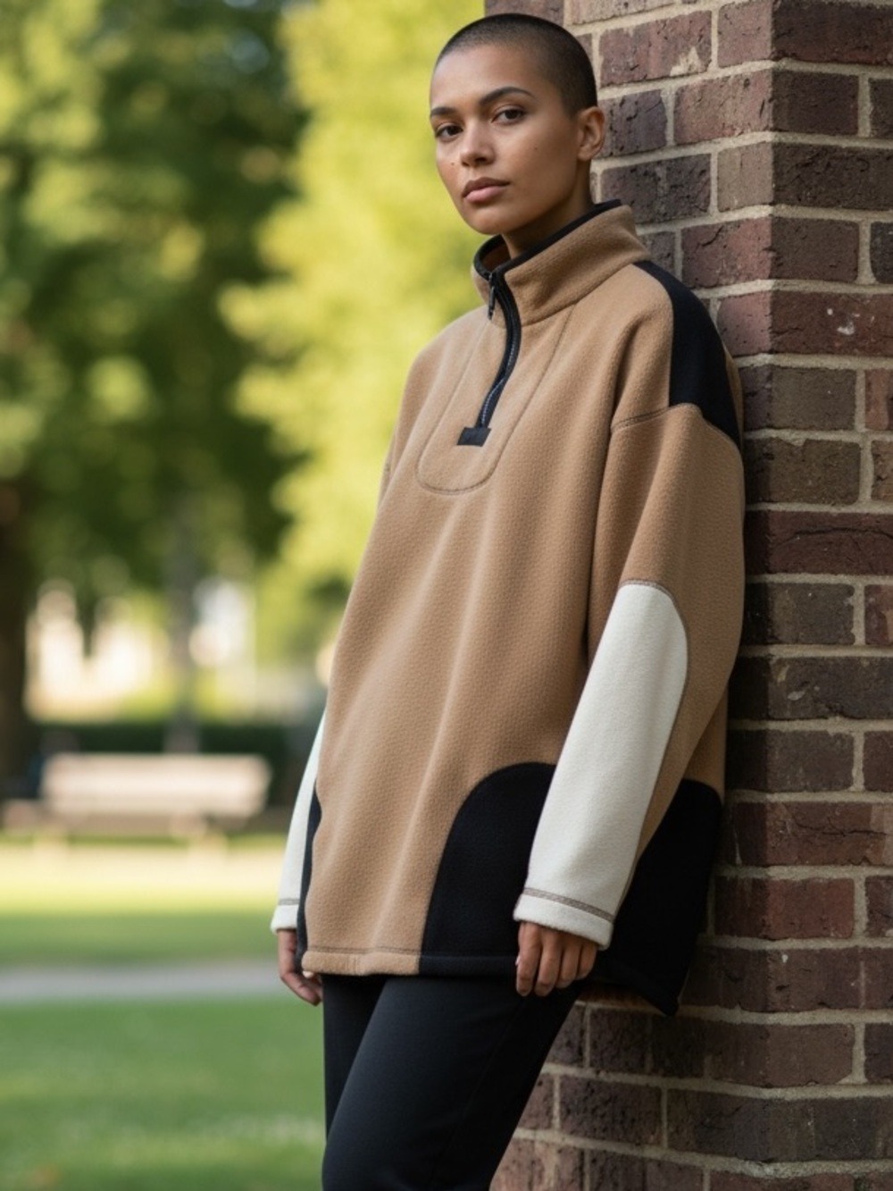 90s CROSSROADS FLEECE OVERSIZED 1/4 ZIP JACKET TAN BLACK & CREAM COLORBLOCK SZ M